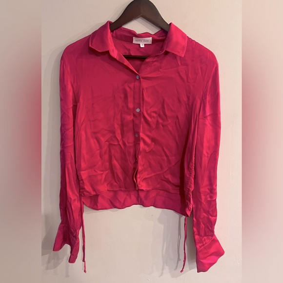 BELLA DAHL Women’s Pink Satin Collared Button Down Side Tie Blouse Size M - Picture 1 of 5